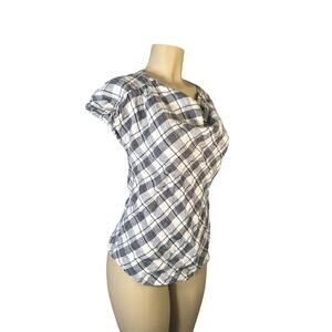 Women XS Rogan Target Cowl Neck White Black Plaid Short Slv Blouse Top Linen